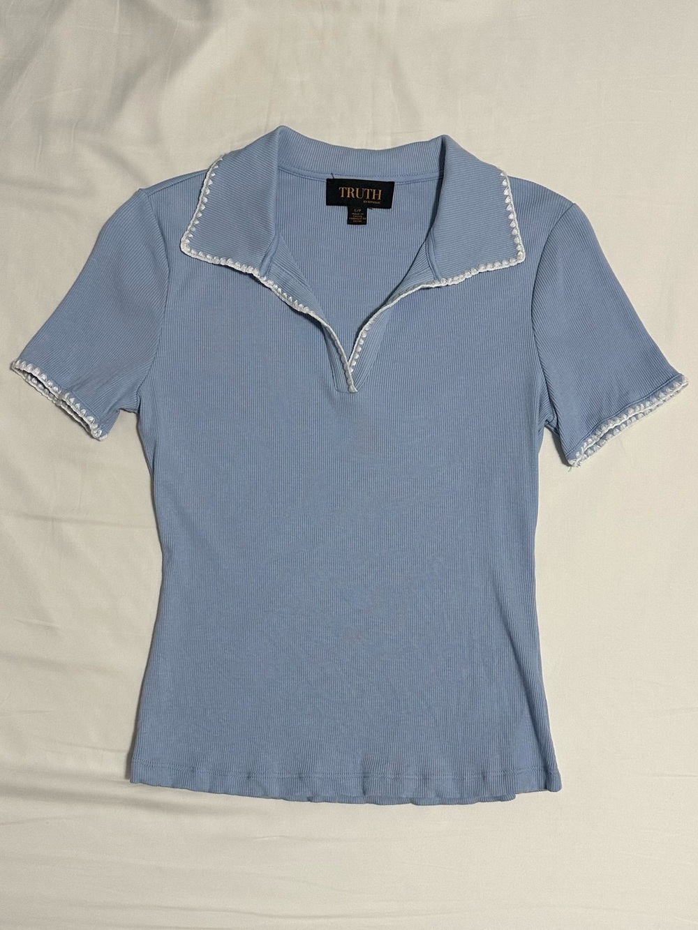 Light Blue Short-Sleeve Polo Ribbed Top with White Trim